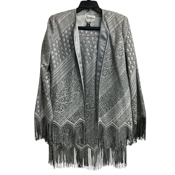 Caramia Vintage Metallic Gray Western 2 piece Suit Jacket Skirt Tassel Womens 12 - Picture 1 of 13